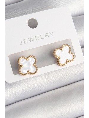 S'82 316L Çelik Gold Renk Beyaz Minelik Yonca Model Kadın Küpe