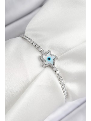 S'82 Pirinç Zirkon Taşlı Nazar Yıldız Model Gümüş Renk Asansörlü Kadın Bileklik