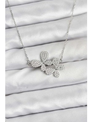 S'82 316L Çelik Zincir Gümüş Renk Zirkon Taşlı Kelebek Model Kadın Kolye