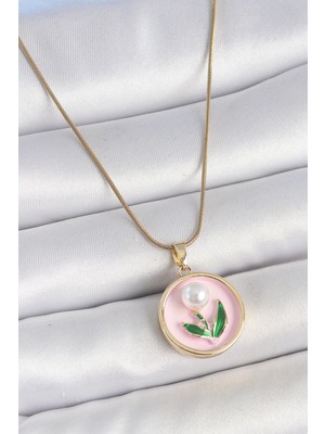 S'82 316L Çelik Gold Renk Zincir Pembe Mineli Incili Çiçek Işlemeli Portre Model Kadın Kolye
