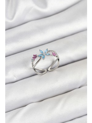 S'82 Pirinç Gümüş Renk Zirkon Taşlı Mavi Çiçekli Kadın Yüzük