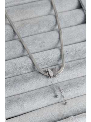 S'82 316L Çelik Gümüş Renk Italyan Zincir Model Simli Kelebek Figür Kadın Kolye