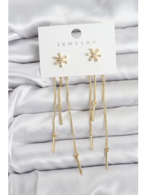 S'82 Çiçek Model Gold Pirinç Sallantılı Kadın Küpe