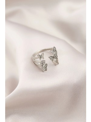 S'82 Gümüş Renk Metal Kelebek Model Kadın Yüzük