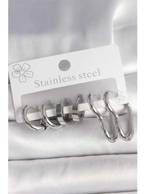 S'82 316L Çelik Gümüş Renk Kalp Halka Model Kadın Küpe Seti