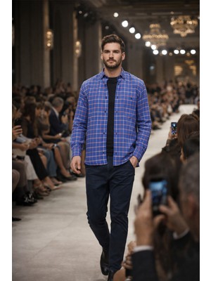 Varetta Erkek Mavi Kareli Kışlık Gömlek Cepli Geniş Kesim