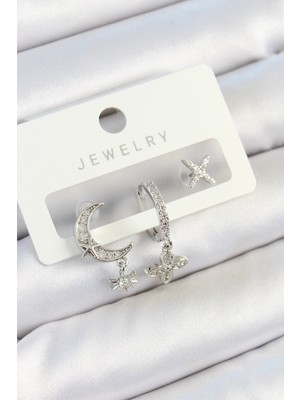 S'82 Pirinç Zirkon Taşlı Çiçek ve Ay Model Gümüş Renk 3'lü Çift Kadın Küpe Set