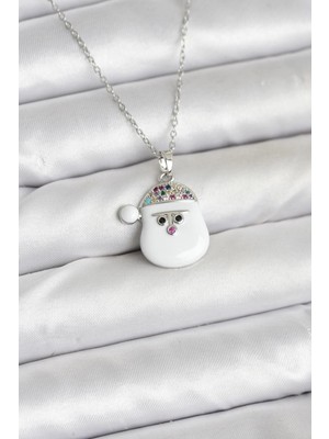 S'82 316L Çelik Zincir Gümüş Renk Şapkalı Kardan Adam Kafası Model Yılbaşı Temalı Kadın Kolye