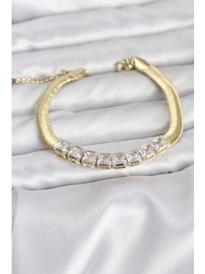 S'82 316L Çelik Gold Renk Kare Zirkon Taşlı Yılan Zincirli Kadın Bileklik