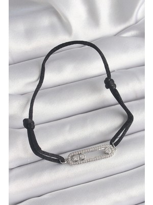 S'82 Siyah Renk Ipli Asansör Zirkon Taşlı Gümüş Messika Model Kadın Bileklik