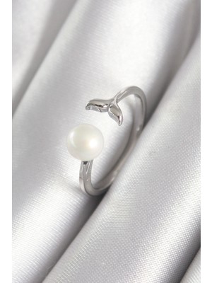 S'82 Pirinç Gümüş Renk Top Inci Figür Balık Kuyruğu Model Kadın Yüzük