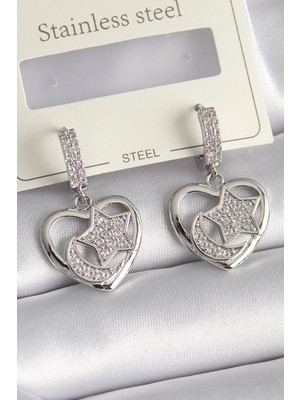 S'82 Pirinç Gümüş Renk Kalp Model Zirkon Taşlı Ay Yıldız Işlemeli Kadın Küpe