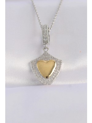 Eco Lounge 316L Çelik Zincir Gümüş Renk Zirkon Taşlı Tasarım Altın Renk Kalp Kolye