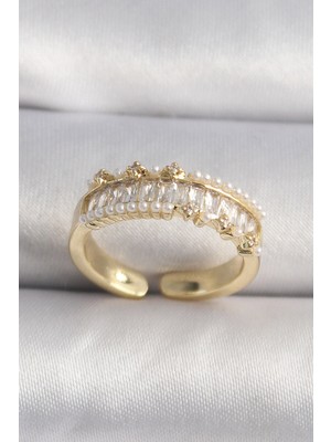 Eco Lounge Pirinç Gold Renk Zirkon Taşlı Inci Detay Vıp Seri Kadın Yüzük