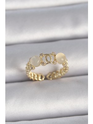 Eco Lounge Pirinç Gold Renk Ayarlanabilir Zirkon Taşlı Beyaz Mineli Birleşik Halka Model Kadın Yüzük