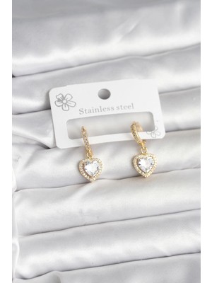 Eco Lounge Pirinç Gold Renk Zirkon Taşlı Kalp Model Kadın Küpe