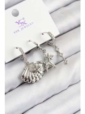 Eco Lounge Pirinç Zirkon Taşlı 3'lü Yıldız ve Istiridye Model Gümüş Renk Kadın Küpe