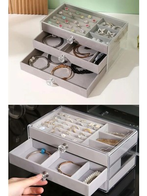 Bilfold Modern Gri 3 Çekmeceli Takı Bijuteri Mücevher Kutusu Organizer Düzenleyici Şeffaf 13 x 23 x 10 cm