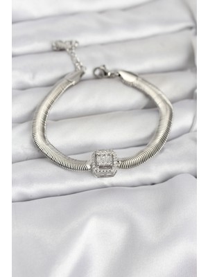Ayder Timya 316L Çelik Gümüş Renk Baget Zirkon Taşlı Yılan Zincirli Kadın Bileklik - TJ-BB8155 TG/Tmya1395 226742