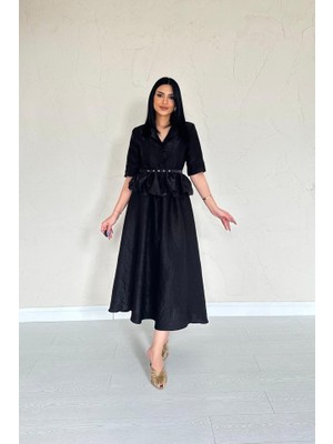 Livizmir Moda Siyah Ince Kemerli Fırfırlı Ceket ve Büzgülü Etek Takım