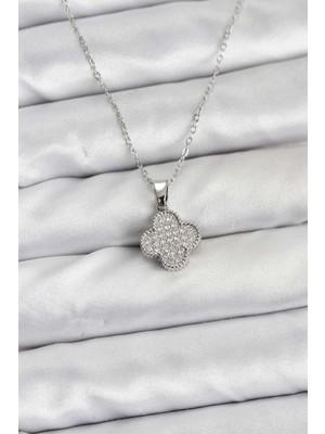 Ayder Timya 316L Çelik Zincir Gümüş Renk Zirkon Taşlı Yonca Model Kadın Kolye - TJ-BKO10772 TG/Tmya1395 226700