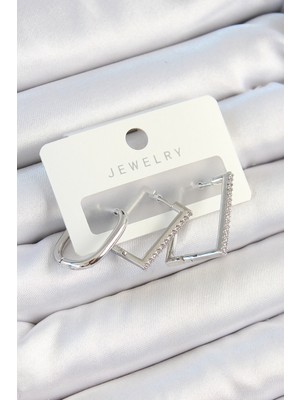 Bilfold Pirinç Zirkon Taşlı Dikdörtgen Model Gümüş Renk 3'lü Çift Kadın Küpe Set