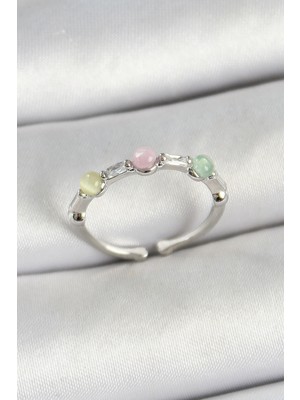 Bilfold Pirinç Sıralı Boncuk Figürlü Zirkon Taşlı Gümüş Renk Ayarlanabilir Kadın Yüzük