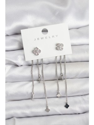 Bilfold Pirinç Gümüş Renk Yonca Model Sallantılı Kadın Küpe