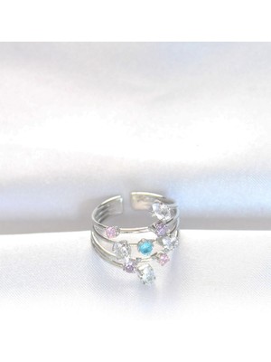 Bilfold Renkli Zirkon Taşlı Silver Renk Ayarlanabilir Yüzük