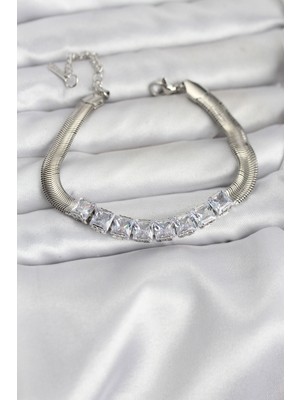 Ayder Timya 316L Çelik Gümüş Renk Kare Zirkon Taşlı Yılan Zincirli Kadın Bileklik - TJ-BB8153 TG/Tmya1395 226740
