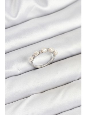 Bilfold Pirinç Gümüş Renk Sıralı Incili Kadın Yüzük