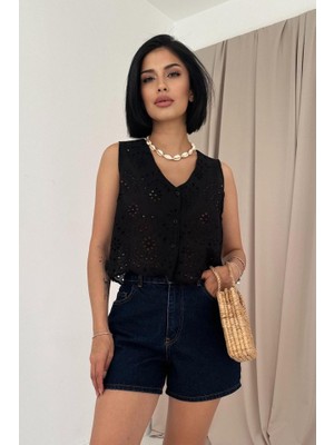 Livizmir Moda Siyah Sıfır Kol Brode Bluz