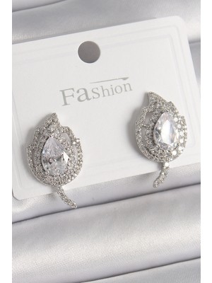 Arthurs Pirinç Gümüş Renk Zirkon Taşlı Yaprak Model Kadın Küpe