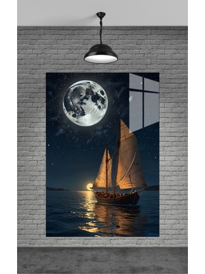 Petmudo AVM Gemi ve Dolunay Cam Tablo Ev Dekorasyon,balkon Dekorasyonu,dekoratif,duvar Tablo,mutfak Tablo