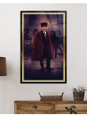Petmudo AVM Gold Şeritli Mustafa Kemal Atatürk Portresi Cam Tablo, Darbelere Dayanıklı Kırılmaz Temperli