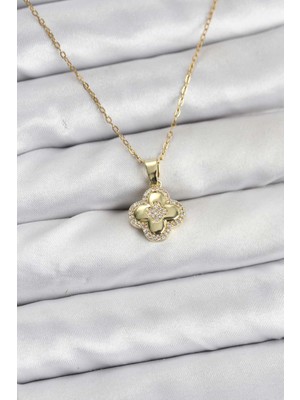 Arthurs 316L Çelik Zincir Gold Renk Zirkon Taşlı Yonca Model Kadın Kolye
