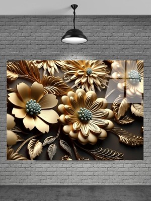 Petmudo AVM Gold Altın Çiçek Cam Tablo Ev Dekorasyon,balkon Dekorasyonu,dekoratif,duvar Tablo,mutfak Tablo