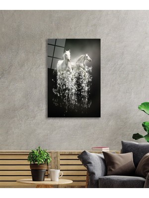 Petmudo AVM Beyaz Atlar Portresi Geometrik Desenli Cam Tablo, Darbelere Dayanıklı Kırılmaz Temperli