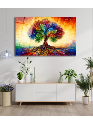 Petmudo AVM Renkli Hayat Ağacı Cam Tablo, Modern Ev Ofis Salon Duvar Dekoru Hediyelik Büyük Tablo Dekor