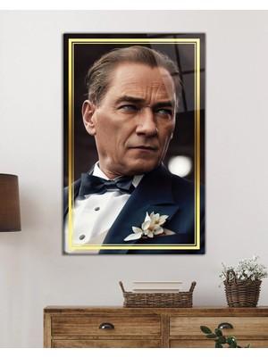 Petmudo AVM Gold Şeritli Yapay Zeka Atatürk Portresi Cam Tablo, Darbelere Dayanıklı Kırılmaz Temperli