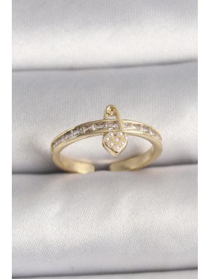 Arthurs Pirinç Gold Renk Zirkon Taşlı Inci Detay Kilit Kalp Figür Ayarlanabilir Yüzük