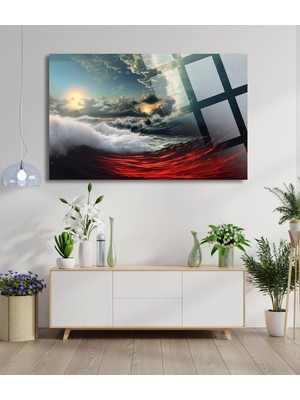 Petmudo AVM Denizde Dalga Manzarası 4mm Lüks Kırılmaz Temperli Yüksek Çözünürlüklü Cam Tablo