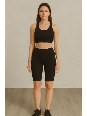 Elze Moda Kadın Boyundan Geçirmeli Spor Büstiyer & Yüksek Bel Toparlayıcı Şort Tayt Takım