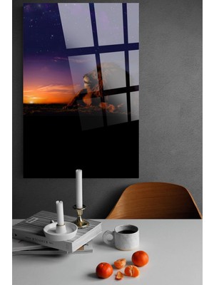 Petmudo AVM Gün Batımı Mutlu Aslan Ailesi Cam Tablo, Ev ve Ofis Hediyesi Yüksek Çözünürlüklü 4mm Cam Tablo