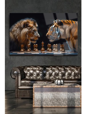 Petmudo AVM Aslan ve Kaplan Satranç Kırılmaz Lüks Cam Tablo Ultra Yüksek Çözünürlüklü Ev Hediyesi Tablo