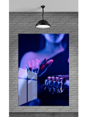 Petmudo AVM Mavi Robot Kadın Temperli Cam Üzerine Sevgilinize Yılbaşı Hediye