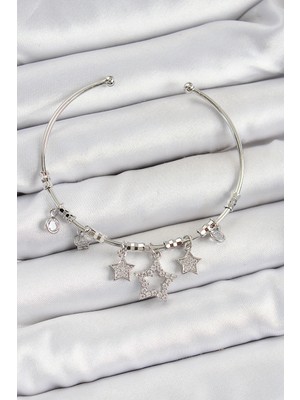 Arthurs Pirinç Zirkon Taşlı Yıldız Model Gümüş Renk Charm Bileklik