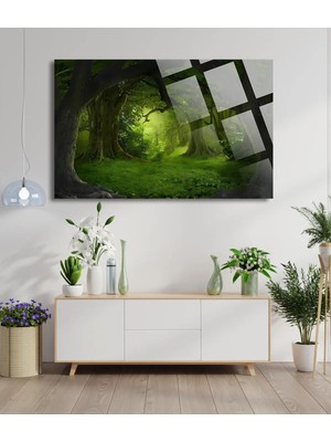 Petmudo AVM Yeşil Büyülü Orman Manzarası 4mm Lüks Kırılmaz Temperli Yüksek Çözünürlüklü Cam Tablo