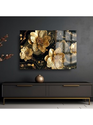 Petmudo AVM Altın Gold Çiçek Siyah Yapraklı Yatay Çiçek Kırılmaz Lüks Cam Tablo Of Iş Yeri Ev Hediyesi Cam Tablo