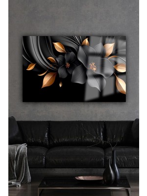 Petmudo AVM Siyah Altın Gold Yapraklı Yatay Çiçek Kırılmaz Lüks Cam Tablo Of Iş Yeri Ev Hediyesi Cam Tablo
